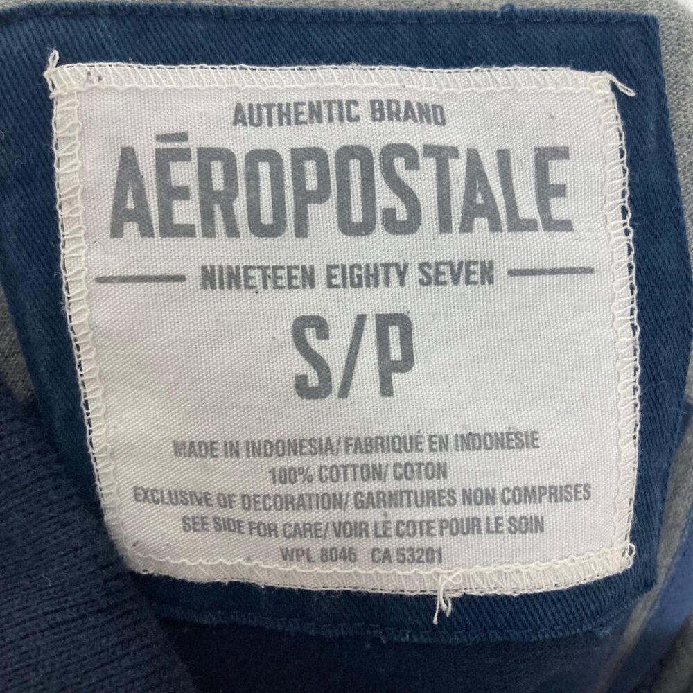 Aeropostale Rugby Shirt Mens Small Blue Gray Striped NYC Patch Athletic Y2K - Picture 5 of 12